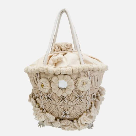 FIGUE Tuktuk Cotton Canvas Tote Bag Bohemian Style Cowrie Shells Pom Pom Purse - Picture 3 of 8